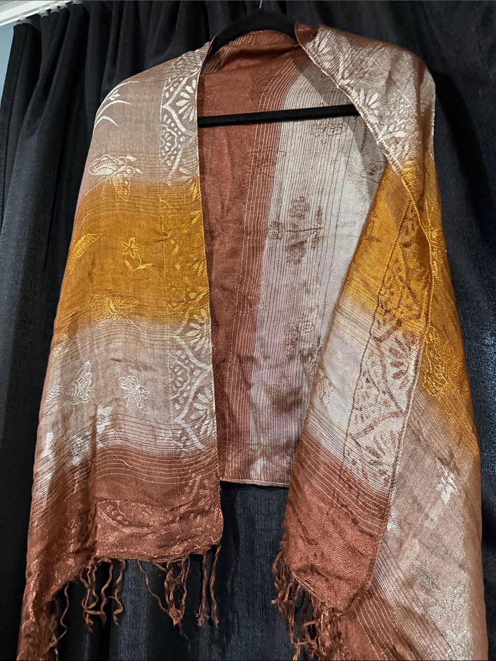 Boho Woven Fringe Shawl in Bronze and Mustard